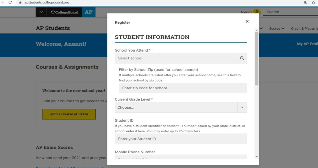 Student Information column on the AP website